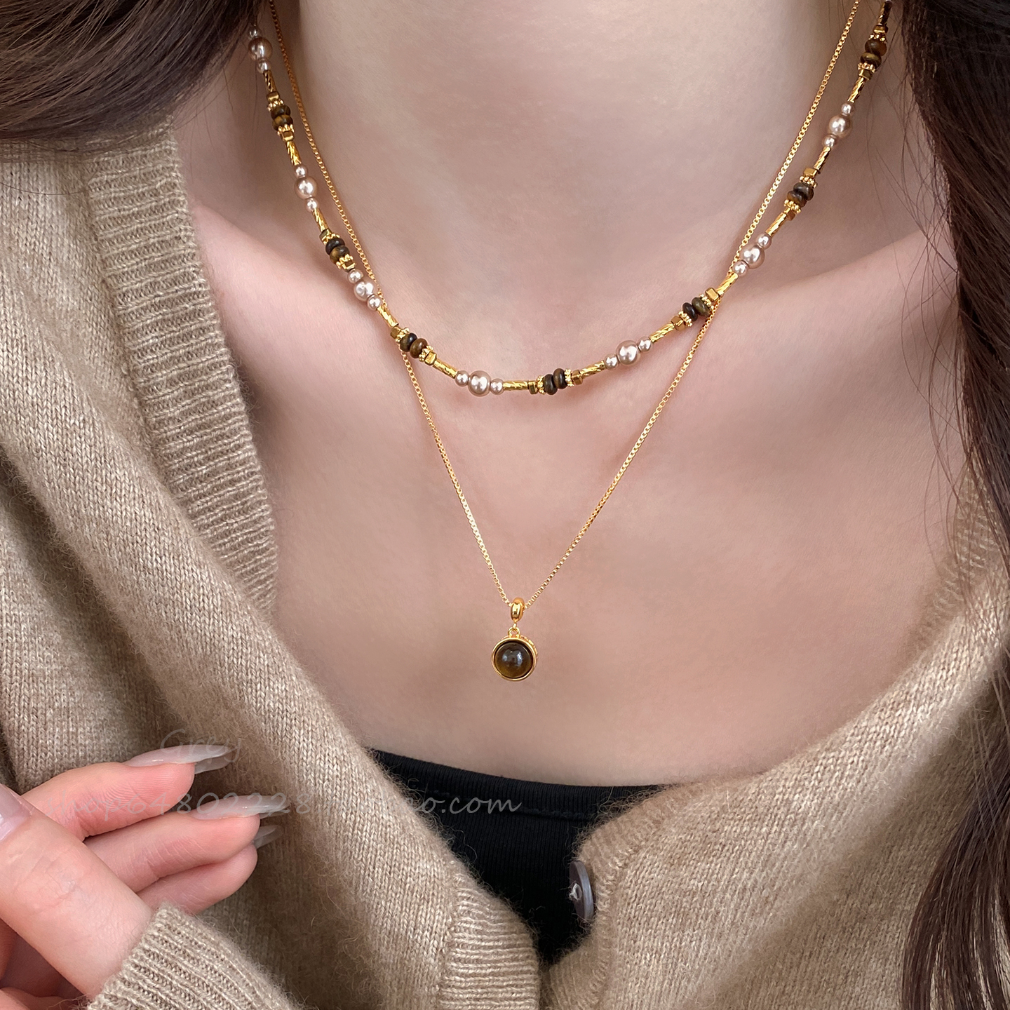 双层叠戴美拉德虎眼石吊坠项链女