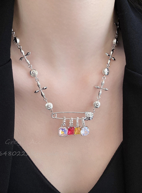 多巴胺彩色锆石回形针项链甜酷