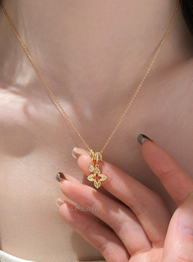 金色闪锆镂空四叶草吊坠项链女