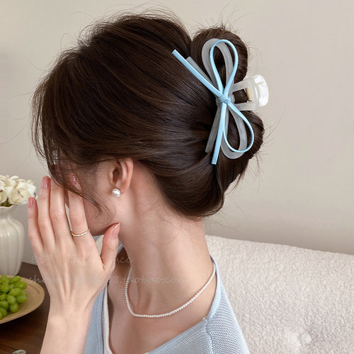 简约双层皮质蝴蝶结发夹女网红爆款后脑勺超大号盘发抓夹清新抓夹