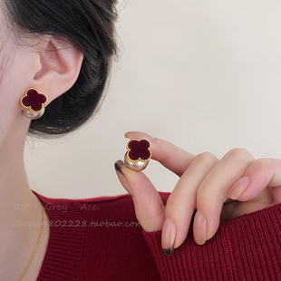 红色植绒珍珠耳钉女2026爆款耳环轻奢独特好看气质高级感新年耳饰
