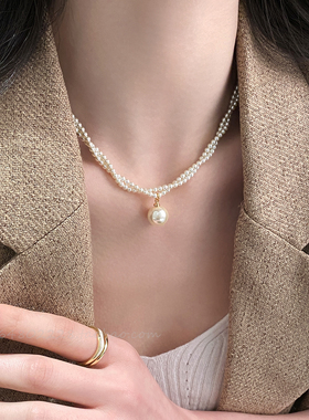 双层缠绕珍珠吊坠锁骨链女