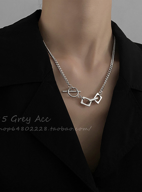 85度灰镂空方牌OT扣拼接情侣项链男女ins风小众设计感卫衣锁骨链