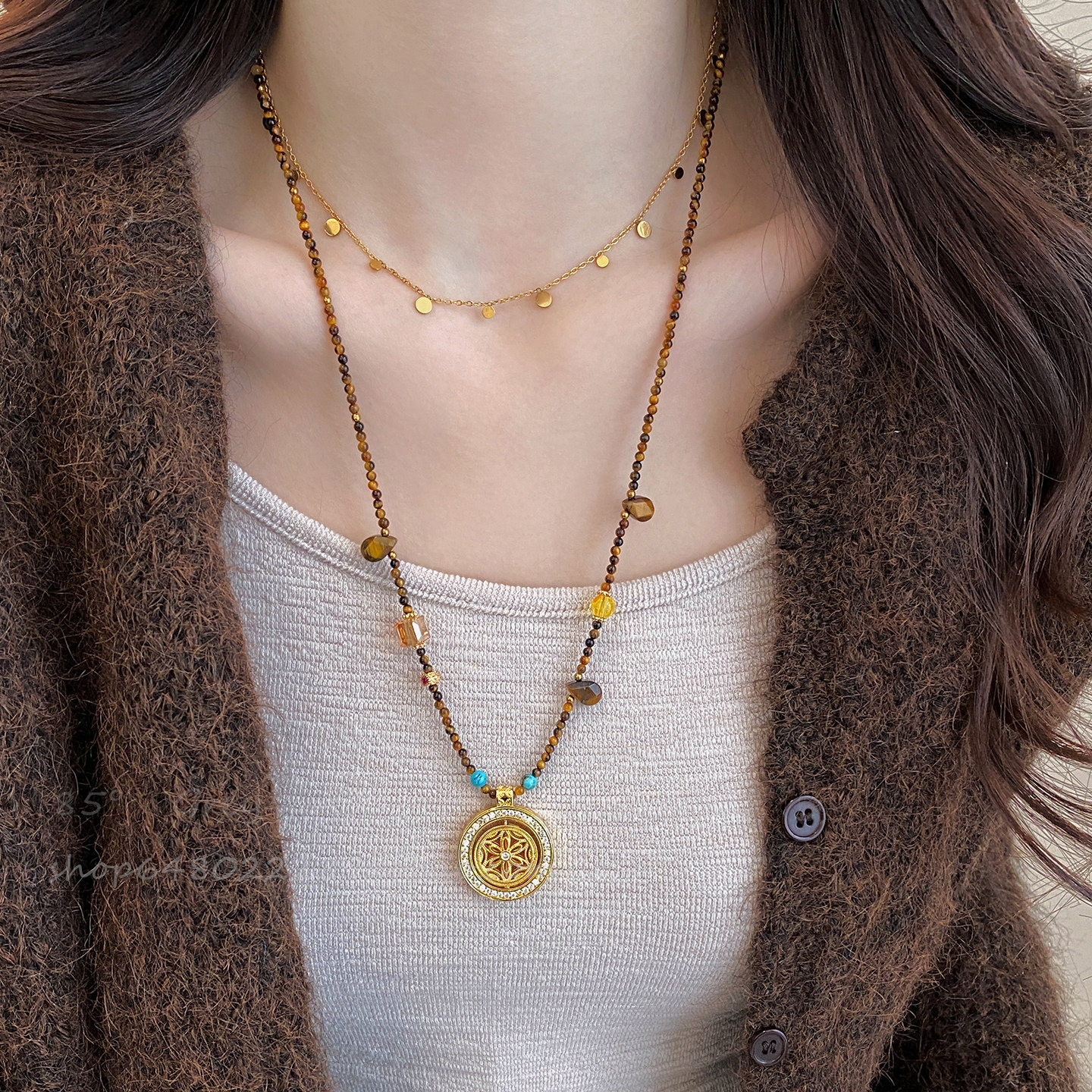 天然虎眼石罗盘长款吊坠项链轻奢小众高级感新中式毛衣链秋冬配饰