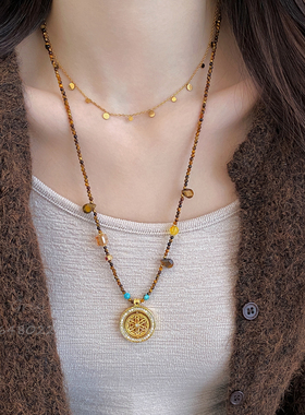 天然虎眼石罗盘长款吊坠项链