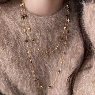 琥珀流光！双层叠戴虎眼石项链女2026新款轻奢小众秋冬长款毛衣链