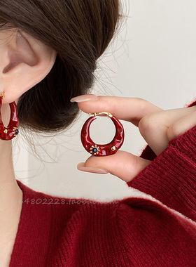 轻奢安可拉红色滴釉珐琅耳环女法式高级感气质耳圈2025新款耳饰品