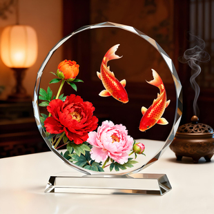 锦上添花摆件双好运锦鲤富贵牡丹花客厅书房办公室玄关桌面摆台