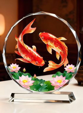 双锦鲤图摆件年年有余红色荷花鲤鱼运财客厅办公室电视柜家居摆台