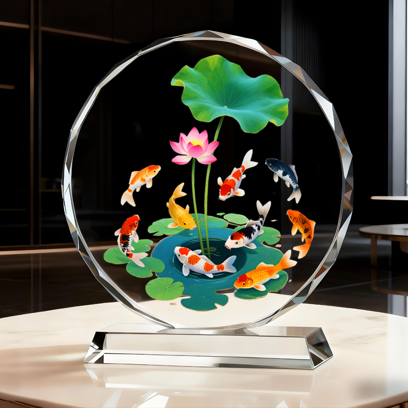 荷花锦鲤图摆件鲤鱼运财九鱼聚财图客厅酒柜办公室电视柜店铺摆台