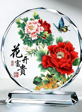 花开富贵摆台牡丹花图客厅书房办公室电视柜卧室桌面亮灯水晶摆件