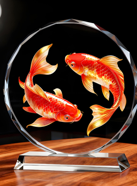 双锦鲤图摆件年年有余红色鲤鱼运财聚财客厅办公室电视柜家居摆台