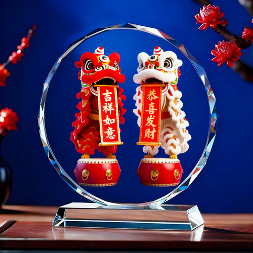 国潮醒狮图摆件双狮子中国风传统喜庆舞狮客厅新年店铺开业摆台