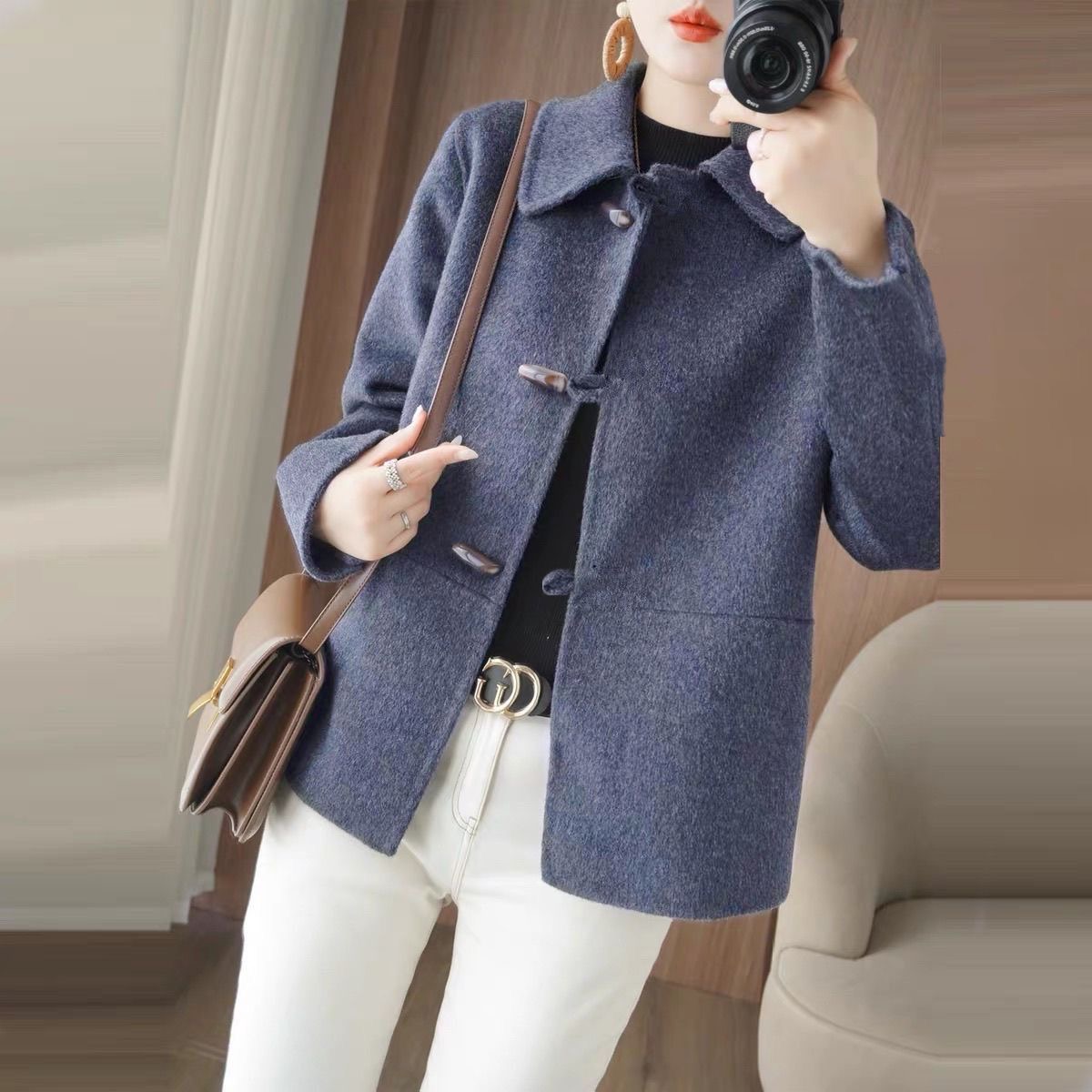 双面绒大衣女短款2025年秋冬新款设计感牛角扣羊毛呢外套韩版休闲