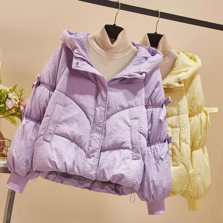 短款羽绒棉服女冬季2024新款甜美宽松蝴蝶结连帽棉衣棉袄外套洋气