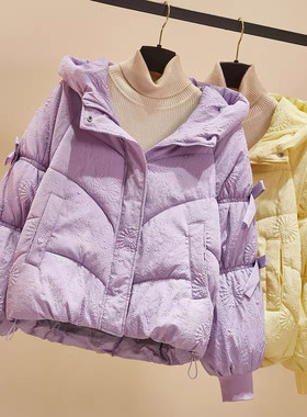 短款羽绒棉服女冬季2024新款甜美宽松蝴蝶结连帽棉衣棉袄外套洋气
