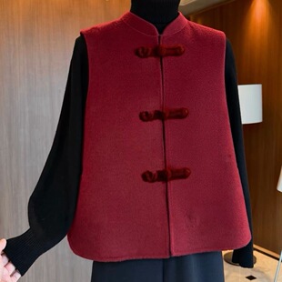 红色新中式双面羊毛马甲背心女时尚潮流新款国风双面呢马夹上衣