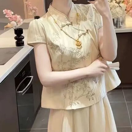 新中式国风立领重工刺绣短袖衬衫T恤女夏季气质宽松显瘦马甲上衣
