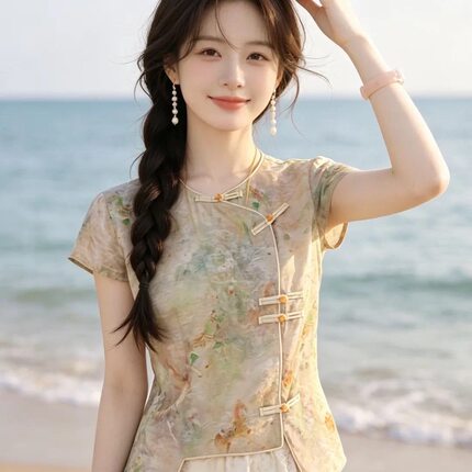 新中式国风不规则短袖衬衫女夏款提花圆领显瘦小衫巨好看漂亮上衣
