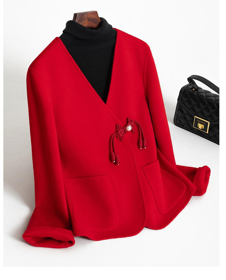 新中式国风上衣盘扣双面绒大衣女短款小个v领高端双面羊毛呢外套