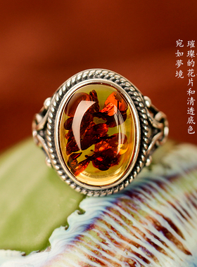 招财纳福金琥珀银戒指