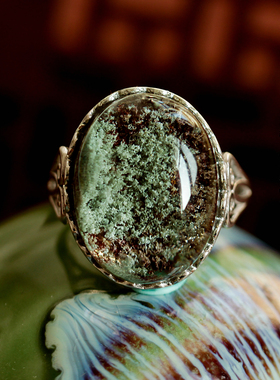 天然绿幽灵招财聚宝盆银戒指
