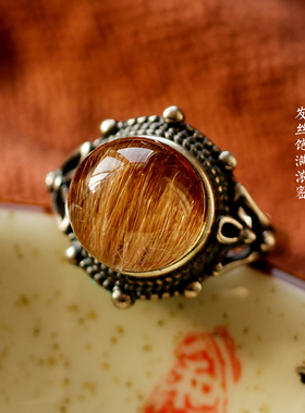 天然金兔毛发晶招财聚宝戒指