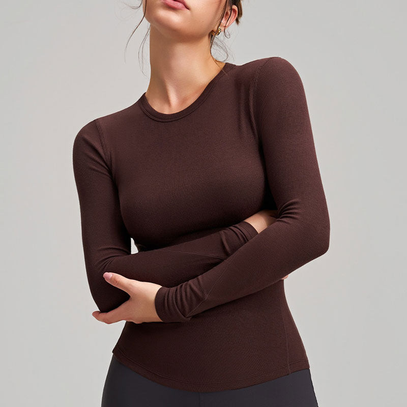 瑜伽服螺纹长袖打底衫女修身显瘦