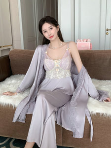 长袖睡衣女春夏季宫廷仿真丝甜美冰丝性感吊带胸垫家居服三件套装
