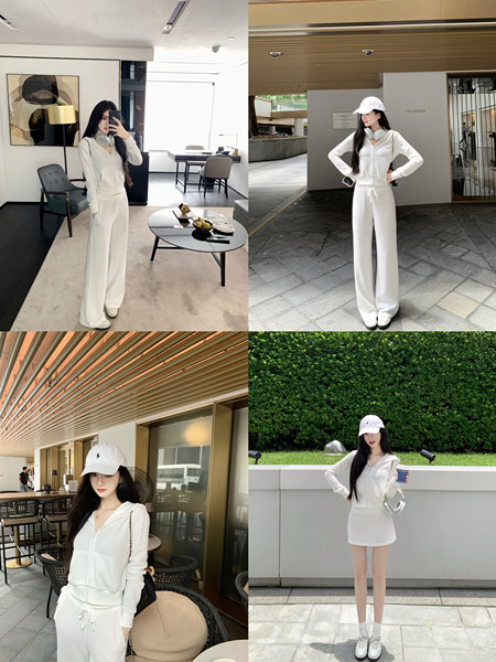 A collage of a woman modeling white outfits in various settings, including indoor and outdoor environments.