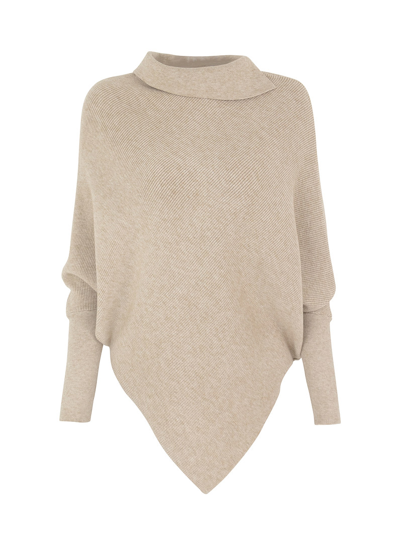 Beige asymmetrical knit sweater with a high neckline and long sleeves, displayed against a white background.