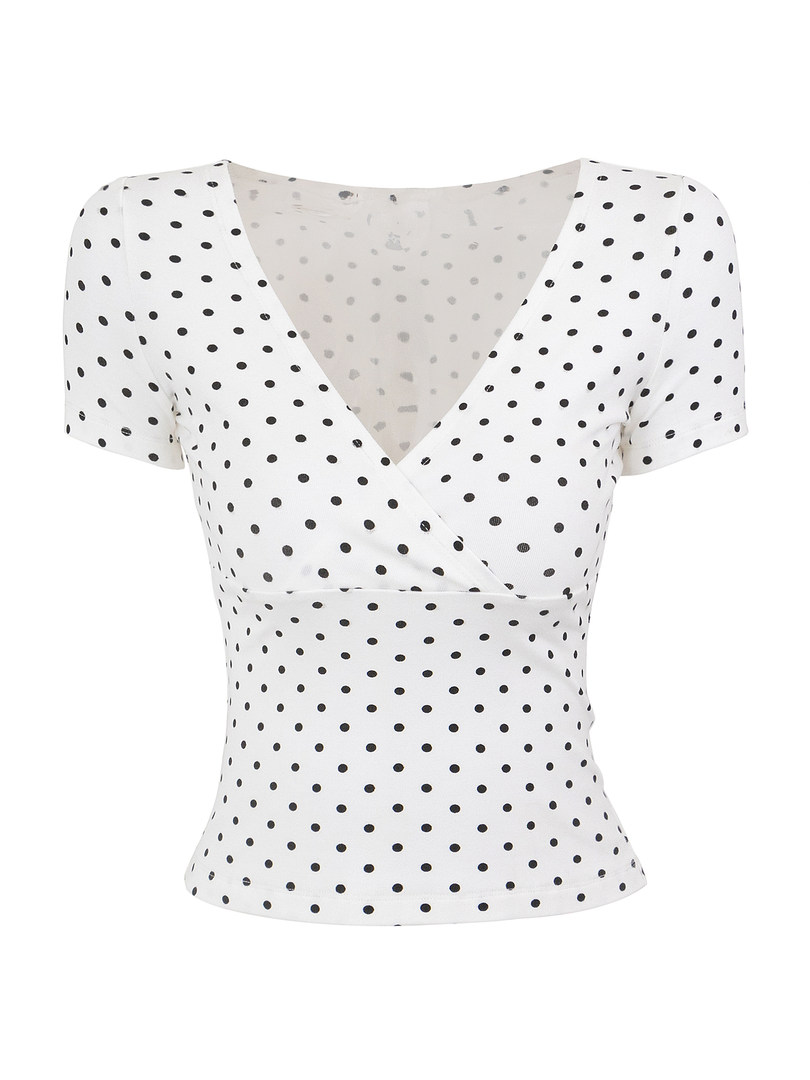 White polka dot wrap top with short sleeves