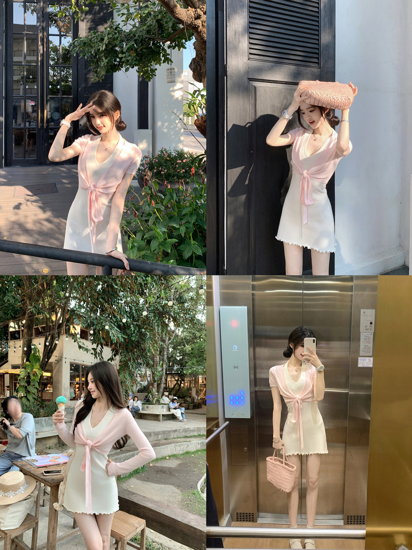 Model wearing a light pink and white wrap dress in various outdoor and indoor settings