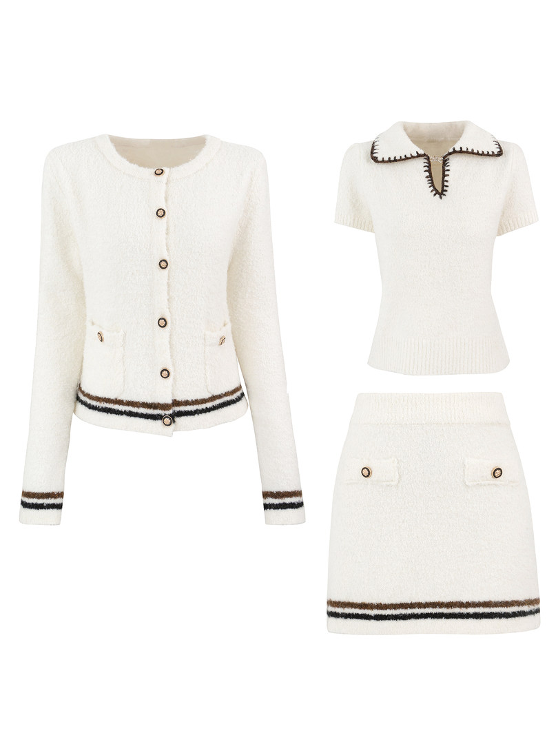 White textured three-piece outfit with striped trim and buttons