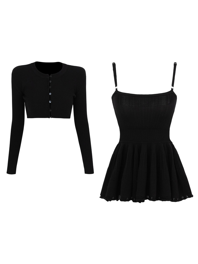 Black cropped cardigan and matching black spaghetti strap dress with flared skirt