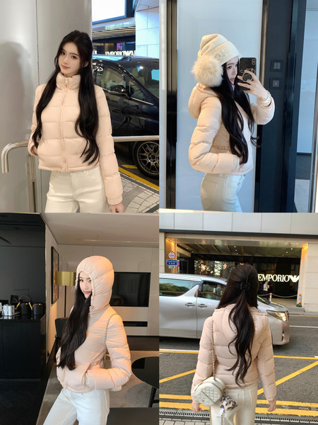 Model wearing a light pink puffer jacket in multiple poses, both indoors and outdoors.