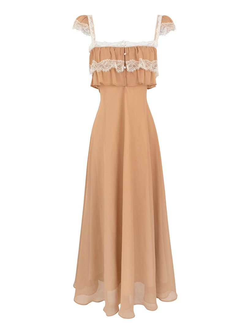 Beige lace-trimmed maxi dress with ruffled details