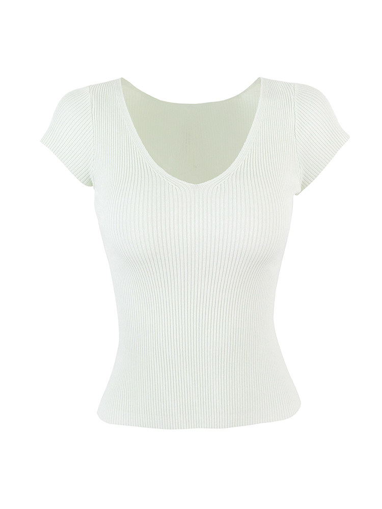 White ribbed V-neck short sleeve top