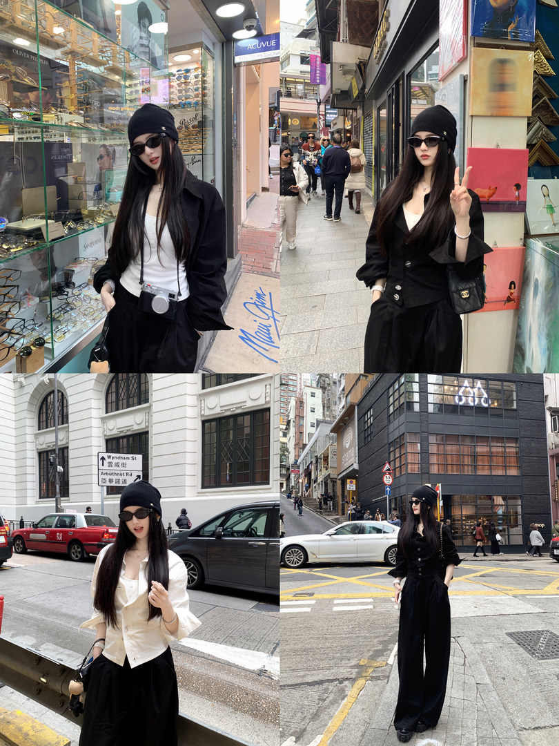 A collage of photos showing a woman wearing various outfits in urban street settings, including black and white ensembles with accessories.