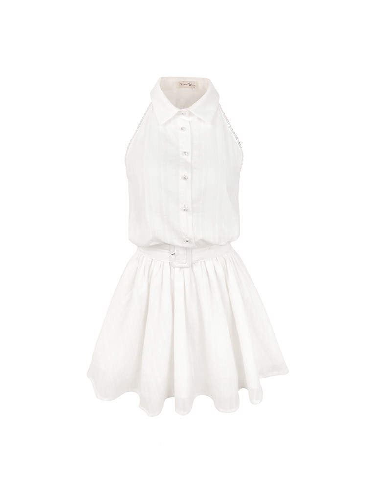 White sleeveless button-up dress with a flared skirt
