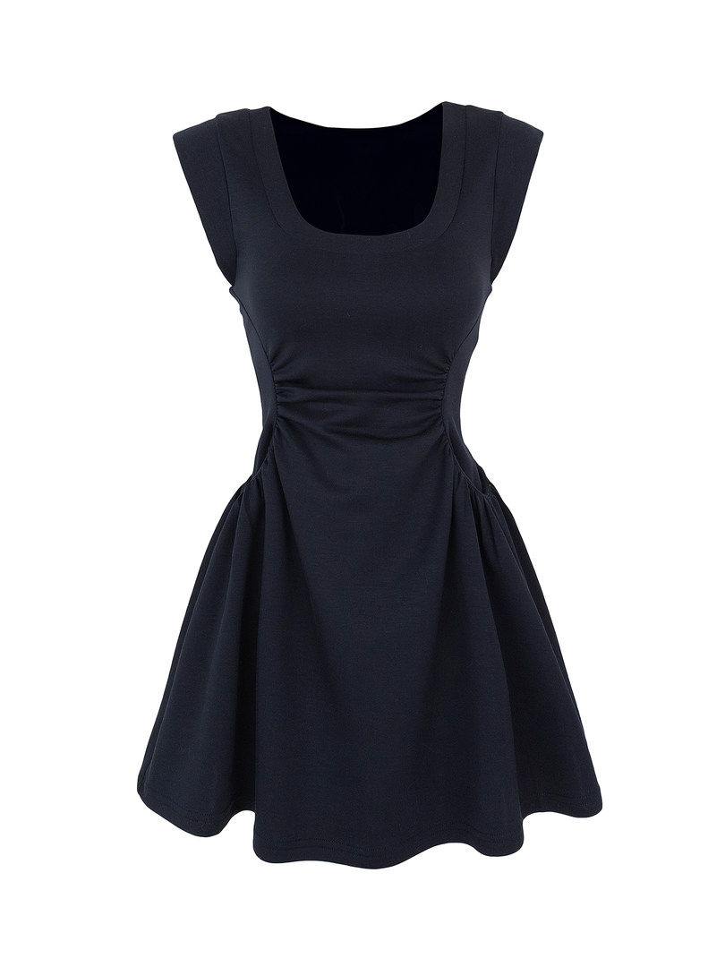 Black sleeveless dress with a square neckline and flared skirt
