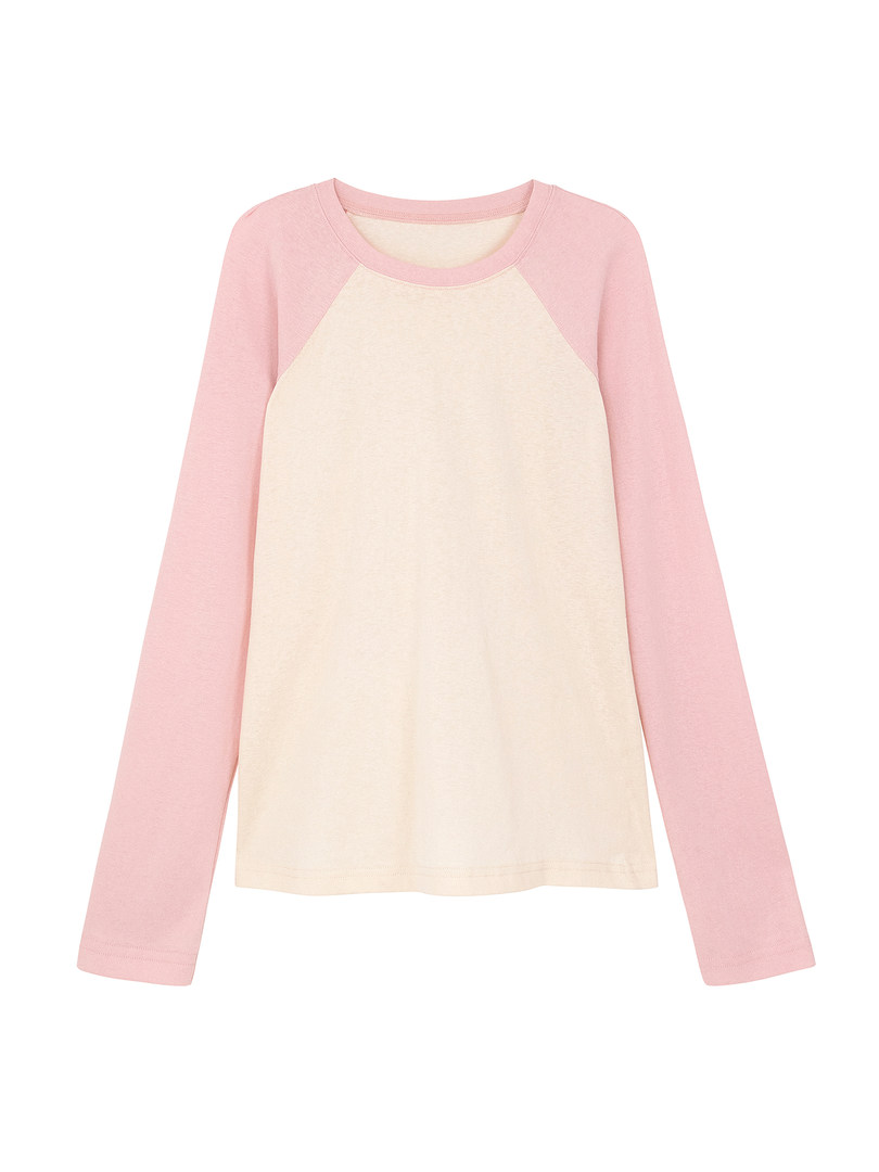 Pink and cream long-sleeve raglan shirt on white background