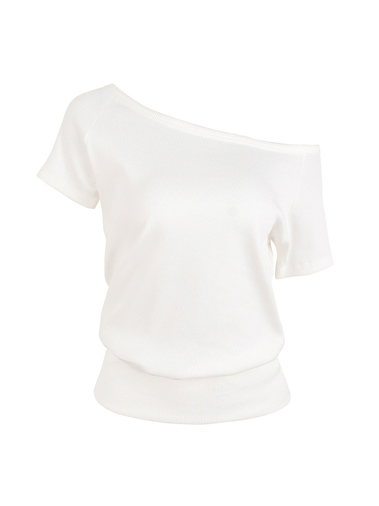 White off-shoulder ribbed top on plain background