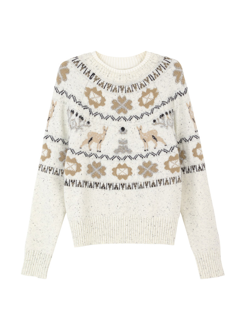 Cream-colored knit sweater with deer and snowflake patterns on white background
