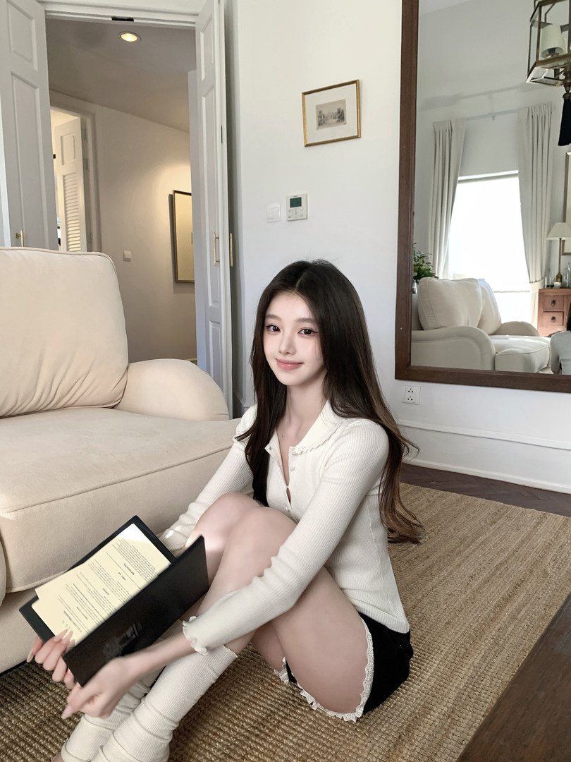 Woman sitting on a rug wearing a white ribbed long-sleeve top and black shorts with lace trim, holding a book.