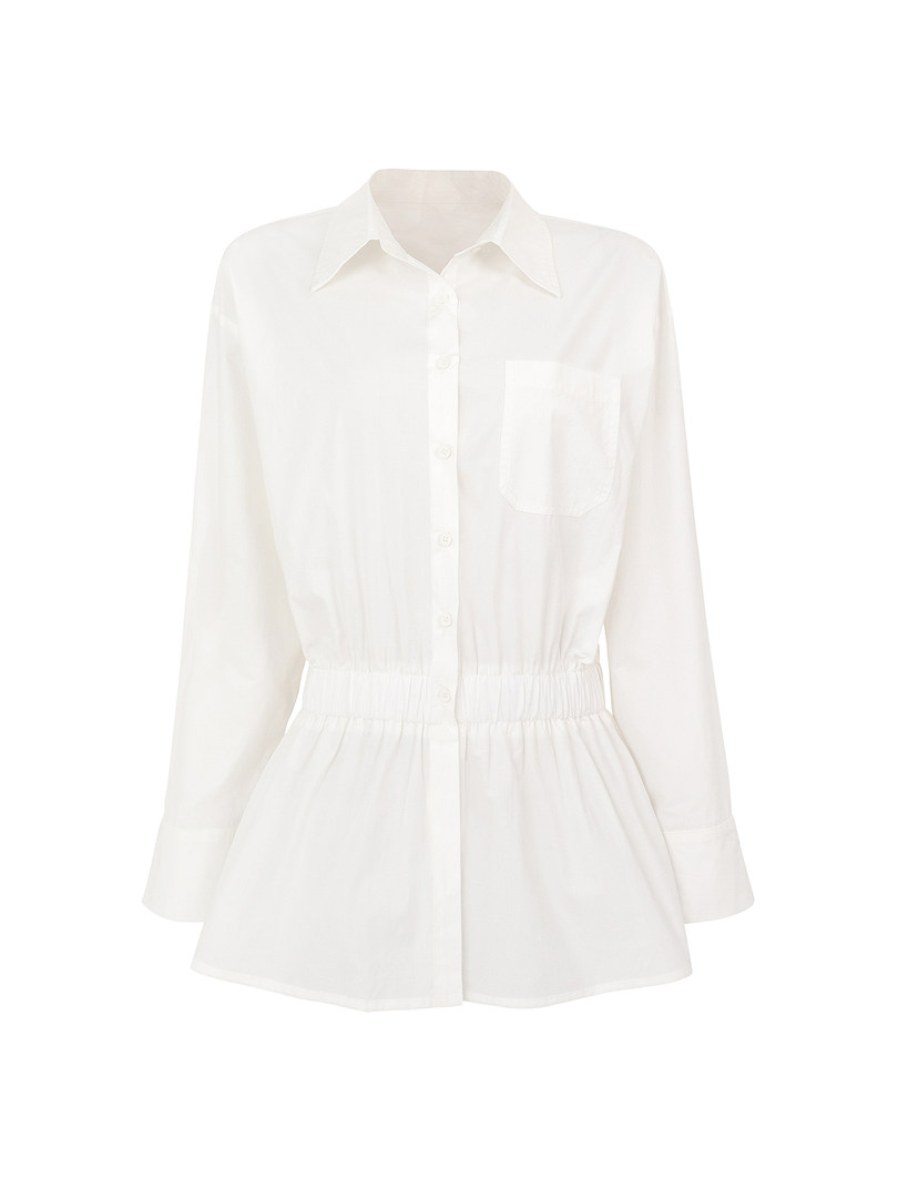 White button-up shirt dress with chest pocket and elastic waist