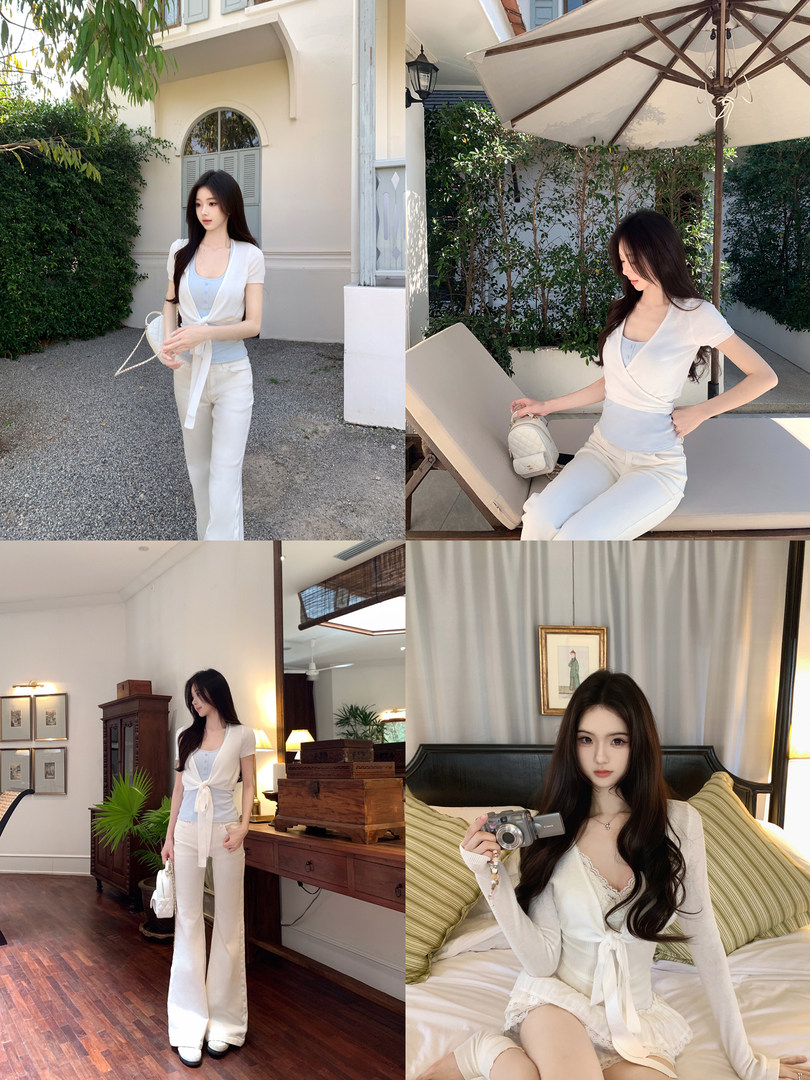 Model wearing white cardigan and pants in various settings including outdoors and indoors
