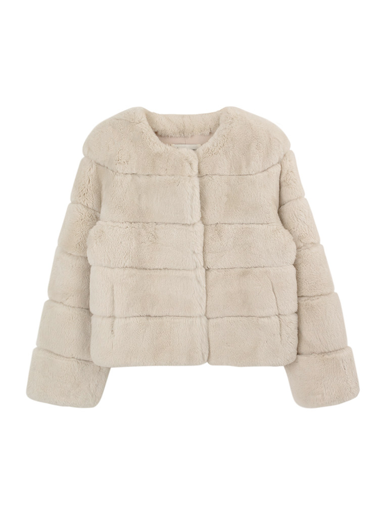 Beige faux fur cropped jacket displayed flat