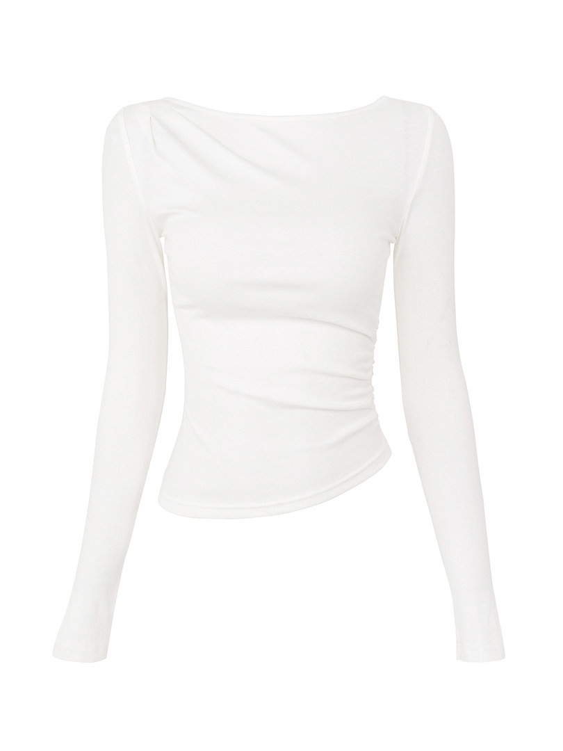 White long-sleeve ruched top displayed against white background