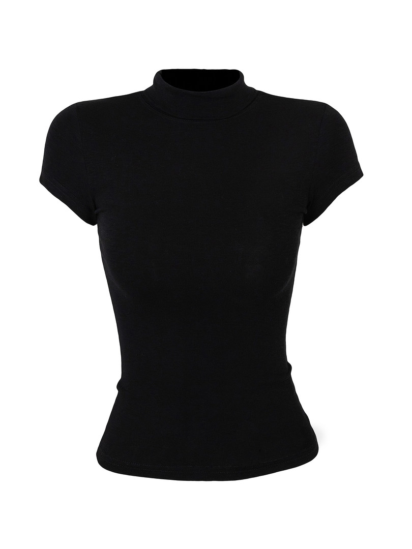 Black short-sleeve mock neck top on mannequin